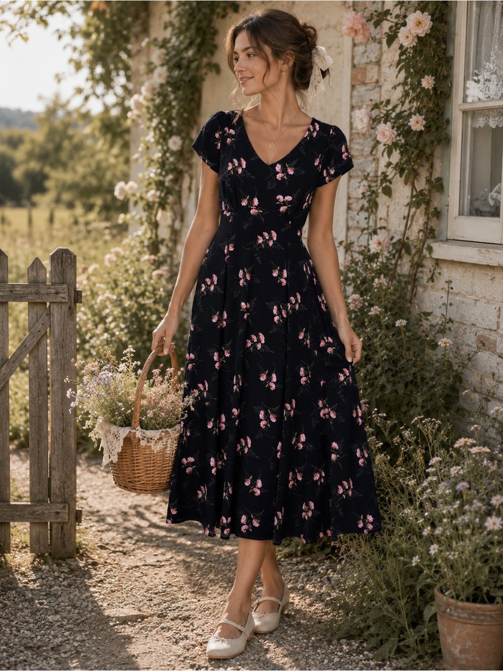 *Vntg Liz Claiborne Y2k Floral Babydoll Midi Dress 8 Black Cottagecore Milkmaid